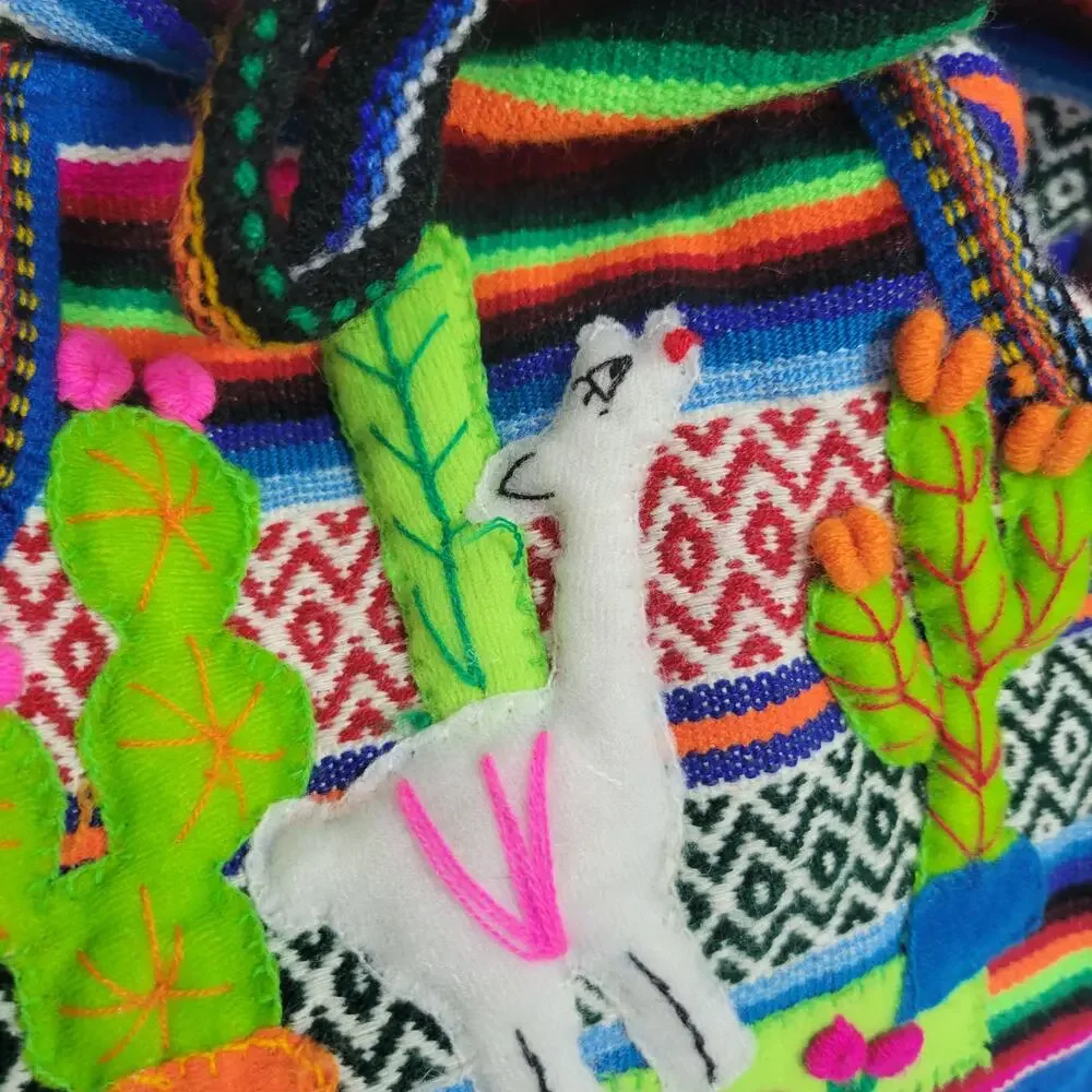 Arpilleras Backpack Blue Woven Blanket Peru Alpaca Folk Art Patchwork Burlap